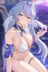  1girl adapted_costume aqua_eyes bead_bracelet beads bikini bracelet breasts cleavage collar cup detached_collar detached_sleeves drink drinking_glass hair_intakes halo head_wings highres holding holding_cup honkai:_star_rail honkai_(series) jewel_under_eye jewelry jim199909 knees_out_of_frame large_breasts light_blush looking_at_viewer navel origami_bird_(honkai:_star_rail) paid_reward_available purple_collar purple_sleeves robin_(honkai:_star_rail) sitting skindentation smile solo swimsuit teeth thigh_strap water wet white_bikini white_hair wings 