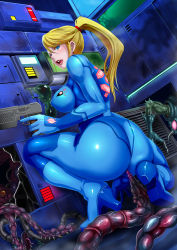  1girl alien ass blonde_hair blue_eyes bodysuit breasts butcha-u high_heels imminent_rape large_breasts lips long_hair looking_at_viewer looking_back metroid mole mole_under_mouth nintendo on_one_knee open_mouth samus_aran skin_tight slime_(substance) solo squatting tentacles zero_suit  rating:Questionable score:205 user:danbooru