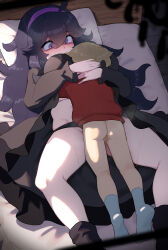  1boy 1girl @_@ age_difference antenna_hair bed black_dress black_panties black_socks blush boy_on_top breasts censored clothed_sex clothes_lift creatures_(company) dress dress_lift face_to_breasts feet_out_of_frame from_above full_body game_freak hairband head_on_pillow hetero hex_maniac_(pokemon) highres hug indoors kashu_(hizake) large_breasts long_dress long_hair long_sleeves looking_at_another looking_down lying messy_hair missionary mosaic_censoring naughty_face nintendo on_back on_bed on_stomach onee-shota pale_skin panties pillow pokemon pokemon_swsh pokemon_xy purple_eyes purple_hair purple_hairband sex shota size_difference smile smother socks spread_legs underwear vaginal youngster_(pokemon)  rating:Explicit score:470 user:danbooru