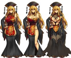 1girl bare_shoulders black_dress blonde_hair breasts chinese_clothes cleavage detached_collar detached_sleeves dress full_body hand_on_own_hip hat hip_vent junko_(touhou) large_breasts long_dress long_hair looking_at_viewer mature_female melon22 miniskirt multiple_views red_eyes revealing_clothes sash see-through side_slit simple_background skirt smile strapless tabard touhou variations white_background wide_sleeves rating:Sensitive score:52 user:danbooru