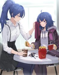 2girls :t absurdres adapted_costume ahoge alternate_hairstyle black_pantyhose black_skirt blue_eyes blue_hair bracelet burger buttons closed_mouth collarbone cup disposable_cup eating fast_food fire_emblem fire_emblem_awakening food food_on_face french_fries grima_(fire_emblem) happy_meal hat unworn_hat unworn_headwear highres holding holding_food hood jewelry long_hair long_sleeves lucina_(fire_emblem) mcdonald&#039;s morgan_(fire_emblem) mother_and_daughter multiple_girls nintendo one_eye_closed pantyhose ponytail ritence shirt short_hair sitting skirt smile soda white_shirt