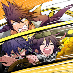  3boys ^_^ asymmetrical_sleeves bare_shoulders black_jacket black_scarf black_sleeves blue_hair buttons chain checkered_clothes checkered_scarf clenched_teeth closed_eyes coat coat_partially_removed coattails coin collared_coat collared_jacket commentary_request covered_mouth crest crossed_arms danganronpa_(series) danganronpa_v3:_killing_harmony driving eyelashes fang fingernails glowing glowing_eye gold_coin green_eyes grey_jacket grey_sleeves hair_between_eyes jacket layered_sleeves long_sleeves male_focus mismatched_sleeves momota_kaito motion_blur motion_lines multiple_boys nervous nervous_sweating oma_kokichi open_mouth orange_background palms pink_eyes purple_coat purple_hair purple_sleeves saihara_shuichi scarf shirt short_hair simple_background sitting smile spiked_hair steering_wheel sweat sweatdrop teeth two-tone_scarf u_u_ki_u_u unmoving_pattern upper_body upper_teeth_only v-shaped_eyebrows wavy_mouth white_jacket white_scarf white_shirt white_sleeves 