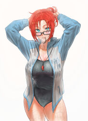  1girl absurdres aqua_eyes black-framed_eyewear blue_one-piece_swimsuit boudica_(fate) breasts breath closed_mouth commentary_request competition_swimsuit fate/grand_order fate_(series) glasses hair_tie hair_tie_in_mouth highres jacket large_breasts lips looking_at_viewer mouth_hold official_alternate_costume one-piece_swimsuit open_clothes open_jacket pink_lips red_hair short_hair simple_background solo swimsuit tonko_from track_jacket tying_hair wet whistle whistle_around_neck white_background  rating:Sensitive score:18 user:danbooru