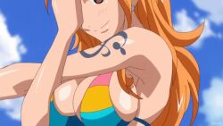  10s 1boy 1girl 2012 animated ass ass_focus bikini bouncing_breasts breasts brown_eyes butt_crack cleavage gluteal_fold jewelry large_breasts long_hair monkey_d._luffy nami_(one_piece) navel necklace one_piece one_piece_special:_glorious_island orange_hair pov solo sound striped_bikini striped_clothes swimming swimsuit tagme tattoo underwater video wet  rating:Explicit score:50 user:Jellende2065