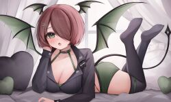  1girl absurdres black_jacket black_thighhighs blush bra breasts brown_hair cleavage collarbone curtains demon_girl demon_tail demon_wings fang green_bra green_panties green_wings hair_ornament hair_over_one_eye hairclip head_wings heart heart-shaped_pillow highres indie_virtual_youtuber jacket kevkild large_breasts lying on_bed on_stomach open_mouth panties pillow skin_fang solo tail thighhighs underwear virtual_youtuber window wings yumiewuri 