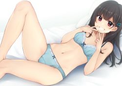 1girl black_hair blue_bra blue_panties bow bow_bra bow_panties bra breasts clenched_teeth crotch_seam double_v fingernails hair_ornament hairclip long_hair looking_at_viewer lying nagami_yuu navel on_back on_bed original panties pillow red_eyes small_breasts smile solo teeth underwear underwear_only v rating:Sensitive score:42 user:danbooru