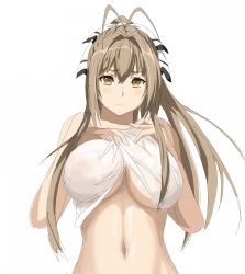  10s 1girl ahoge amagi_brilliant_park bare_shoulders breasts brown_eyes brown_hair female_focus hair_ornament hair_ribbon hashimoto! highres large_breasts long_hair navel nipples ponytail ribbon see-through sento_isuzu simple_background solo standing upper_body white_background 