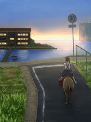  1girl animal ass backpack bag blue_skirt blue_sky bridge building chain-link_fence dawn donkey fence from_behind girl_on_top gradient_sky grass iron_fence ocean original outdoors pavement pleated_skirt randoseru red_bag riding road road_sign scenery shirt sign skirt sky speed_limit_sign suspender_skirt suspenders tail tnt_(aaaazzzz) white_shirt 