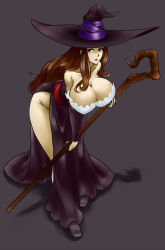  1girl bare_shoulders breasts brown_eyes brown_hair cleavage detached_sleeves dragon&#039;s_crown dress female_focus full_body grey_background hat highres huge_breasts leaning_forward legs long_hair looking_at_viewer mono_(john_doe) mono_(monotonerhythm) no_panties side_slit solo sorceress_(dragon&#039;s_crown) staff strapless strapless_dress thighs vanillaware witch_hat 