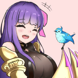 10s 1girl bare_shoulders bird bodysuit bow breasts claws closed_eyes fate/extra fate/extra_ccc fate/grand_order fate_(series) hair_bow happy highres huge_breasts jibako long_hair o-ring o-ring_top passionlip_(fate) pink_background purple_hair simple_background sketch smile solo rating:Sensitive score:16 user:danbooru