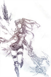  1girl bad_id bad_pixiv_id belt boots copyright_name d.gray-man dated full_body head_tilt highres kistina lenalee_lee long_hair monochrome polearm revision sepia short_shorts shorts simple_background solo spear thigh_strap twintails weapon white_background zipper  rating:Questionable score:5 user:sae6788