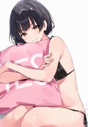  1girl alternate_hair_length alternate_hairstyle bare_arms bare_shoulders bikini black_bikini black_hair brown_eyes closed_mouth commentary_request fingernails highres hugging_object idolmaster idolmaster_shiny_colors kinjin light_blush mayuzumi_fuyuko nail_polish pillow pillow_hug pink_nails short_hair side-tie_bikini_bottom simple_background sitting smile solo swimsuit thighs white_background yes-no_pillow 