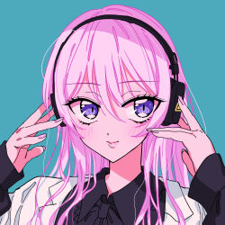  1girl black_shirt blue_background blush closed_mouth collared_shirt commentary_request hair_between_eyes headphones highres long_hair long_sleeves looking_at_viewer marshall_maximizer_(cevio) megurine_luka pink_hair project_sekai purple_eyes shirt simple_background sleeves_past_wrists sodapop_(iemaki) solo upper_body variant_set vocaloid 