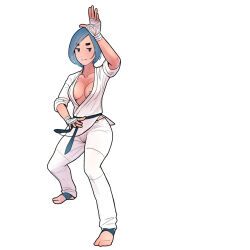  1girl artist_request bandaged_arm bandages barefoot blue_eyes blue_hair breasts cleavage collarbone feet karate large_breasts legs martial_arts martial_arts_belt no_shoes no_socks pasties short_hair sleeves_rolled_up solo standing toes white_background white_uniform 