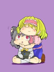  2girls alice_margatroid animal_ears blonde_hair blue_dress blush capelet chibi closed_eyes closed_mouth commentary cookie_(touhou) crystal dress frilled_hairband frills full_body grey_hair grey_skirt grey_vest hairband headpat ichigo_(cookie) indian_style jewelry kanakamei1 long_sleeves medium_bangs mouse_ears mouse_girl multiple_girls nazrin nyon_(cookie) open_mouth pendant pink_capelet pink_hairband pink_sash purple_background red_eyes sash short_hair simple_background sitting skirt skirt_set smile socks touhou vest white_socks 