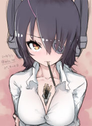  10s 1girl 2014 artist_name between_breasts blush breasts cleavage collarbone crossed_arms dated eyelashes eyepatch food headgear highres kantai_collection large_breasts looking_at_viewer looking_up mku pink_background pocky pocky_day purple_hair sexually_suggestive shirt short_hair solo tenryuu_(kancolle) translated twitter_username unbuttoned white_shirt yellow_eyes  rating:Questionable score:22 user:danbooru