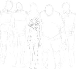  1girl 5boys age_difference blindfold bow cleft_of_venus faceless faceless_male fish goldfish greyscale houshou8 loli marimari_en midriff monochrome multiple_boys nude princess pussy short_hair size_difference sketch standing virtual_youtuber white_hair 