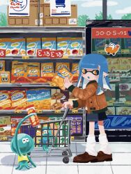  1girl :o bag blue_hair blue_shorts blue_tongue blunt_bangs blush_stickers box brown_footwear can cardboard_box cereal_box chips_(food) colored_tongue commentary_request dot_nose earrings film_grain food full_body highres holding holding_bag holding_can inkling inkling_girl inkling_player_character jacket jellyfish jellyfish_(splatoon) jewelry kneehighs loafers long_hair long_sleeves looking_to_the_side loose_socks multicolored_hair nintendo open_clothes open_jacket open_mouth orange_eyes orange_hair orange_jacket pointy_ears pringles_can pushing_cart r6aru refrigerator shirt shoes shopping shopping_cart shorts single_earring sitting socks splatoon_(series) sticker supermarket tentacle_hair two-tone_hair white_shirt white_socks 