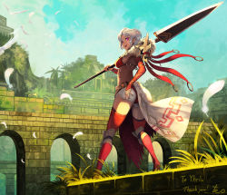  1girl :d absurdres arch architecture armor artist_name ass belt bikini bikini_armor bird blue_sky breasts bridal_gauntlets cloud commentary earclip elbow_gloves feathers fur_collar gloves grass highres knee_pads looking_at_viewer looking_back looking_to_the_side mole mole_under_eye open_mouth original over_shoulder pink_eyes pointy_ears polearm red_bikini red_thighhighs short_hair shorts sideboob skull sky smile solo spear swimsuit tattoo teeth temple teo_(telo_ruka) thank_you thighhighs tree waist_cape wall weapon weapon_over_shoulder white_hair white_shorts  rating:Sensitive score:5 user:fenrir_q