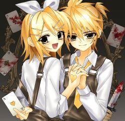  1boy 1girl absurdres ace_(playing_card) ace_of_clubs ace_of_diamonds ace_of_hearts ace_of_spades blonde_hair blood bloody_weapon border brother_and_sister card closed_mouth club_(shape) collared_shirt dagger diamond_(shape) hair_ornament hairpin heart highres holding holding_card holding_dagger holding_hands holding_knife holding_weapon hynn0x_x interlocked_fingers kagamine_len kagamine_rin knife long_sleeves looking_at_viewer matching_outfits medium_hair necktie open_mouth ornate_border outside_border overalls playing_card shirt short_hair siblings smile spade_(shape) suspenders twins upper_body vocaloid weapon white_shirt yellow_eyes yellow_necktie 