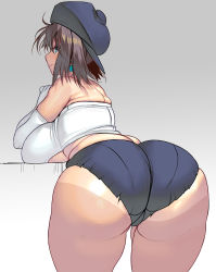  1girl absurdres ass bare_shoulders blue_eyes blush breast_rest breasts brown_hair cabbie_hat cameltoe come_hither elbow_gloves from_behind gloves hat highres huge_ass huge_breasts kono kouno_(masao) leaning leaning_forward original shiny_skin short_hair short_shorts shorts sideboob smile solo sunburn  rating:Questionable score:104 user:armorcrystal