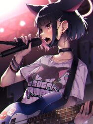  1girl animal_ears black_hair blue_archive blush breasts cat_ears choker earrings electric_guitar guitar hair_ornament hairclip halo highres holding holding_microphone instrument jewelry kazusa_(blue_archive) mask mask_pull microphone microphone_stand mouth_mask multicolored_hair pink_eyes pink_hair ryuinu solo sweat two-tone_hair 