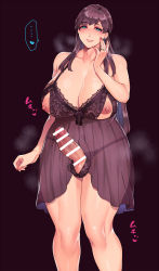  blush bra breasts brown_hair censored crotchless crotchless_panties cupless_bra futanari green_eyes highres large_breasts lingerie long_hair looking_at_viewer mature_female mogiki_hayami newhalf nightgown nippleless_clothes nipples panties penis smile steam steaming_body underwear  rating:Explicit score:202 user:ssfl