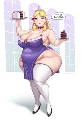  1girl absurdres ass bad_id bad_twitter_id bare_hips black_footwear blonde_hair blush breasts cake choker cleavage curvy dress english_text facing_viewer fat food hair_ribbon high_heels highres huge_ass large_breasts long_hair looking_at_viewer no_panties open_mouth original princess purple_dress purple_eyes ribbon ribbon_choker shadow sideboob sideless_outfit solo split_bangs standing thick_thighs thighhighs thighs tiara toroboro white_background white_thighhighs wide_hips windows 
