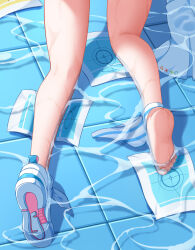  1girl absurdres arona_(blue_archive) barefoot blue_archive blue_panties chinese_commentary commentary_request denfunsan envelope feet foot_focus from_behind highres legs loli panties panties_around_leg shoe_soles shoes single_shoe soles solo striped_clothes striped_panties toes underwear water wet white_footwear white_panties 