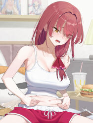  1girl absurdres alternate_costume alternate_hairstyle bangom_r belly_grab blush breasts burger camisole chocolate cleavage commentary_request cup disposable_cup drawstring fast_food food hair_over_shoulder hair_ribbon hands_on_own_stomach heterochromia highres hololive houshou_marine indoors knees_out_of_frame large_breasts long_hair looking_down low_ponytail mcdonald&#039;s minato_aqua minato_aqua_(sailor) navel no_bra nose_blush open_mouth pekomon_(usada_pekora) red_eyes red_hair red_shorts ribbon short_shorts shorts side_ponytail sitting solo virtual_youtuber weight_conscious white_camisole yellow_eyes yukihana_lamy  rating:Sensitive score:30 user:danbooru