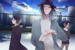  3boys balloon blazer building cloud cup hat highres jacket long_hair male_focus multiple_boys people_in_the_box rooftop smile tea_spill teacup  rating:Sensitive score:2 user:baru92