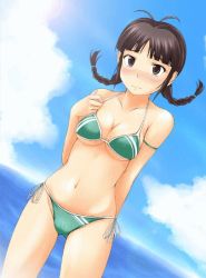  1girl akizuki_ritsuko animated animated_gif areola_slip bikini bikini_top_only blush braid breast_expansion breasts brown_eyes brown_hair cleavage cloud female_focus gigantic_breasts idolmaster idolmaster_(classic) impossible_clothes navel nishi_(count2.4) outdoors skindentation sky solo standing swimsuit twin_braids weight_gain  rating:Questionable score:69 user:liat