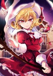1girl blonde_hair blurry border bow brick_wall bright_pupils capelet closed_mouth commentary_request cowboy_shot curly_hair depth_of_field dress drill_hair elly_(touhou) eyelashes frilled_dress frills gate hair_between_eyes hand_up hat hat_bow hat_ribbon highres holding holding_scythe juliet_sleeves katayama_kei long_sleeves looking_at_viewer medium_hair mugenkan neck_ribbon parted_lips petals puffy_sleeves red_bow red_dress red_ribbon ribbon rose_petals scythe serious smile solo standing touhou touhou_(pc-98) upper_body v-shaped_eyebrows white_border white_hat window wrist_cuffs yellow_eyes