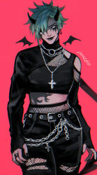  1girl alter_(apex_legends) alternate_costume apex_legends belt black_belt black_lips black_pants black_pantyhose black_shrug black_tank_top chain cross cross_necklace drawn_wings earrings fishnet_pantyhose fishnets goth_fashion green_hair head_tilt horns jewelry necklace pants pantyhose short_hair shrug_(clothing) smile solo stomach_tattoo tank_top tattoo torn_clothes torn_pants wasabi_(vowsbid) white_eyes 