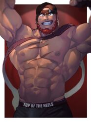  1boy abs backwards_hat bara beard bulge character_request clothes_writing cowboy_shot double_biceps_pose facial_hair flexing full_beard grin hat highres large_pectorals live_a_hero looking_at_viewer male_focus muscular muscular_male navel neumo nipples pectorals sanpaku scar short_hair smile solo standing stomach thick_beard thick_eyebrows topless_male 