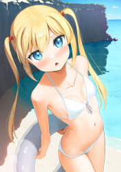 1girl apollo_(hu_maple) bare_shoulders beach bikini blonde_hair blue_eyes blush bow breasts check_commentary collarbone commentary_request front-tie_bikini_top front-tie_top hair_bow hair_ornament highres holding holding_behind_back holding_swim_ring innertube looking_at_viewer navel open_mouth original outdoors sidelocks small_breasts solo stomach swim_ring swimsuit twintails white_bikini rating:Sensitive score:21 user:danbooru