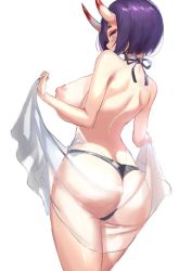 1girl alternate_breast_size ass black_panties blush bob_cut breasts cowboy_shot eyeliner eyeshadow fate/grand_order fate_(series) from_behind highres hikimayu holding horns huge_ass large_breasts looking_at_viewer looking_back makeup neck_ribbon nipples oni panties purple_eyes purple_hair revealing_clothes ribbon short_hair shuten_douji_(fate) simple_background skin-covered_horns solo spider_apple thong topless translucent underwear white_background rating:Questionable score:75 user:danbooru