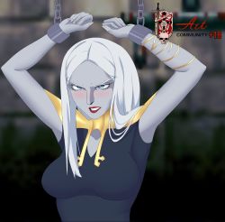  1girl armpits blue_eyes blush carmilla_(castlevania) castlevania_(series) castlevania_(netflix) cuffs highres lipstick makeup pale_skin red_lips shackles slave solo tagme vampire white_hair  rating:Questionable score:9 user:jaymalcolm25
