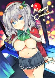 10s 1girl bad_id bad_twitter_id bell blue_eyes blush breasts breasts_out capelet christmas cleavage hat holly kantai_collection kashima_(kancolle) large_breasts long_hair looking_at_viewer mistletoe navel nipples pleated_skirt santa_hat shimeji_(4_me_ji) silver_hair skirt solo twintails rating:Questionable score:18 user:danbooru