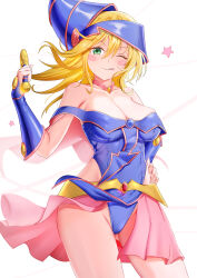  1girl blonde_hair blue_hat blue_leotard blush_stickers breasts cleavage dark_magician_girl duel_monster hand_on_own_hip hat highres large_breasts leotard long_hair looking_at_viewer mailixiang one_eye_closed pink_skirt skirt smile solo star_(symbol) tongue tongue_out white_background witch_hat yu-gi-oh! 