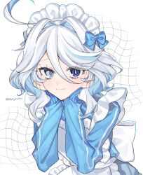  1girl :3 ahoge alternate_costume apron blue_eyes blue_hair blue_jacket blue_ribbon bright_pupils commentary curly_sidelocks eyelashes fluffy_hair frilled_hairband frills furina_(genshin_impact) genshin_impact hair_intakes hairband hands_on_own_face heterochromia highres huge_ahoge jacket jersey_maid long_sleeves looking_at_viewer maid maid_apron maid_headdress multicolored_hair ribbon ribbon-trimmed_hairband sidelocks signature simple_background solo streaked_hair track_jacket unconventional_maid upper_body white_background white_hair yuyuyu_yuabitto 