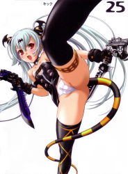 00s 1girl albino alice_(queen&#039;s_gate) armband black_gloves black_thighhighs blush dagger dual_wielding eyeshadow fang feet_out_of_frame flat_chest gloves gun hair_ornament high_kick highres holding holding_gun holding_knife holding_weapon kicking knife long_hair looking_at_viewer makeup nishii_(damnedrive) nitroplus open_mouth panties purple_eyeshadow queen&#039;s_blade queen&#039;s_gate red_eyes revealing_clothes solo standing standing_on_one_leg tail thighhighs thighs twintails underwear weapon white_hair white_panties rating:Questionable score:64 user:danbooru