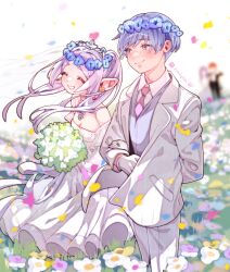 2boys 2girls blue_eyes blue_flower blue_hair bouquet chinese_commentary closed_eyes closed_mouth collared_shirt commentary_request dress earrings elf falling_petals fern_(sousou_no_frieren) floating_hair flower formal frieren gloves hand_on_another&#039;s_arm head_wreath hetero highres himmel_(sousou_no_frieren) holding holding_bouquet husband_and_wife jacket jewelry lianbiglian long_hair mole mole_under_eye multiple_boys multiple_girls necktie open_mouth outdoors pants petals pink_necktie pointy_ears procreate_(medium) purple_vest ring shirt short_hair simple_background smile sousou_no_frieren stark_(sousou_no_frieren) suit suit_jacket twintails twitter_username veil vest waistcoat wedding_dress wedding_ring white_background white_dress white_flower white_gloves white_hair white_jacket white_pants white_shirt white_suit 