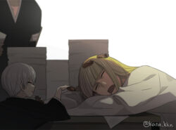  3boys aizen_sousuke bleach blonde_hair child closed_eyes collarbone drooling grey_hair head_out_of_frame hirako_shinji ichimaru_gin japanese_clothes kaidou_j1 leaf leaf_on_head long_hair multiple_boys open_mouth paper_stack short_hair sleeping white_background wide_sleeves 