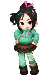 1girl black_hair child disney female_focus feral_lemma full_body highres looking_at_viewer open_mouth shiny_skin short_hair simple_background solo tongue vanellope_von_schweetz white_background wreck-it_ralph rating:Sensitive score:46 user:Domestic_Importer