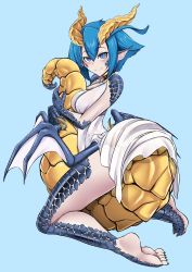  1girl absurdres between_breasts between_legs blue_background blue_eyes blue_hair breasts claws dragon_girl dragon_horns dragon_tail dragon_wings feet full_body hair_between_eyes highres holding_tail horns looking_at_viewer matching_hair/eyes medium_breasts medium_hair monster_girl monster_musume_no_oisha-san nightgown pointy_ears scales see-through simple_background skadi_dragenfelt slit_pupils smile solo tail tail_between_legs toes virusotaku wings  rating:Questionable score:77 user:Incubus_Index
