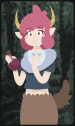 1girl blue_shirt blush brown_eyes brown_fur female_focus forest furry goat_horns highres holding horns layka_(myrefly) nature pink_hair pointy_ears potion shirt smile solo tail tree rating:Sensitive score:4 user:DefinitelyNotJackProsper