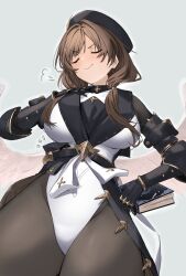  1girl absurdres beret black_bodysuit black_gloves blush bodysuit book breasts brown_hair closed_mouth commentary_request feathered_wings ganesagi gloves granblue_fantasy grey_background hat highres holding holding_book large_breasts leotard long_hair low_ponytail parted_bangs raziel_(granblue_fantasy) simple_background smile smug solo thick_thighs thighs v-shaped_eyebrows white_leotard white_wings wide_hips wings 