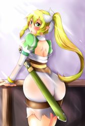 10s 1girl artist_request ass blonde_hair blush braid breasts chestnut_mouth elf from_behind green_eyes huge_ass leafa long_hair looking_back open_mouth pointy_ears ponytail puffy_sleeves sheath sheathed shorts sword sword_art_online very_long_hair weapon rating:Questionable score:25 user:armorcrystal