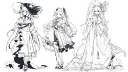  3girls absurdres arknights belt bonnet bow bowtie character_request chinese_commentary closed_mouth clothing_cutout commentary_request cross-laced_clothes cross-laced_sleeves dangle_earrings dongsheng dragon_horns dress earrings feather_hair_ornament feathers footwear_bow frilled_bonnet frilled_dress frills full_body greyscale hair_ornament hand_on_own_hip hat hat_bow highres horns jewelry layered_dress light_frown long_dress long_hair long_sleeves looking_at_viewer mary_janes monochrome multiple_girls over-kneehighs puffy_long_sleeves puffy_sleeves red_eyes scar scar_across_eye shoes short_sleeves shoulder_cutout signature simple_background sketch skirt_hold sleeve_ribbon spot_color standing striped_clothes striped_dress sun_hat thighhighs twintails vertical-striped_clothes vertical-striped_dress very_long_hair white_background wrist_cuffs 
